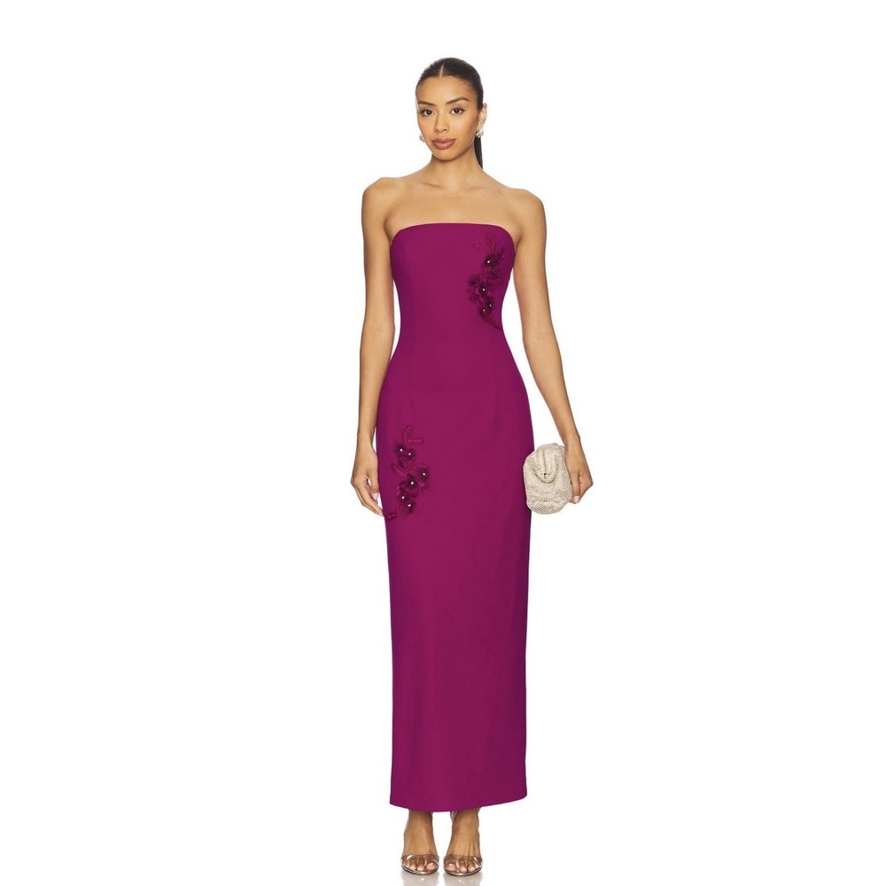 Elliatt Strapless Maxi Dress in Magenta with Floral Appliqué